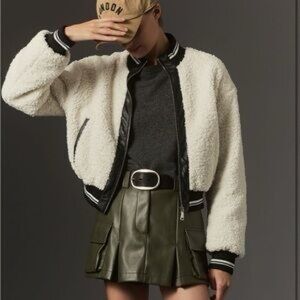 Anthropologie Avec Les Filles Sherpa Fleece Varsity Bomber Jacket Sz XL
